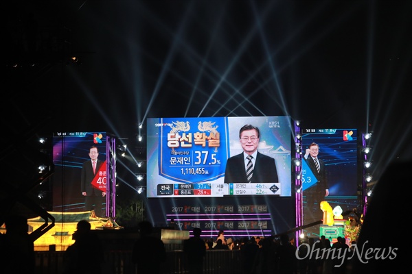 제19대 대통령선거 투표가 치뤄진 9일 오후 서울 광화문광장에 설치된 방송사 개표방송 화면에 더불어민주당 문재인 후보 '당선 확실'  화면이 뜨고 있다. 