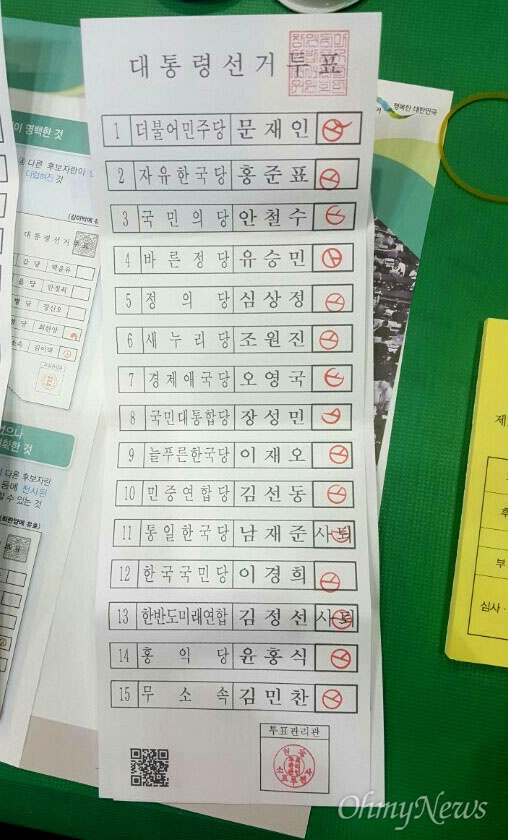 경남 마산합포선거구에서 나온 제19대 대통령선거 투표 무효표로, 모든 후보한테 기표가 되어 있다.