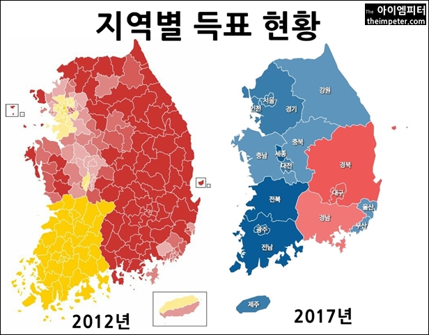  2012년 18대 대선과 2017년 19대 대선의 지역별 득표 현황.