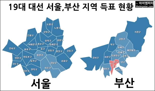 19대 대선에서 서울과 부산 지역 득표 현황, 대부분의 지역에서 문재인 후보가 앞섰다.