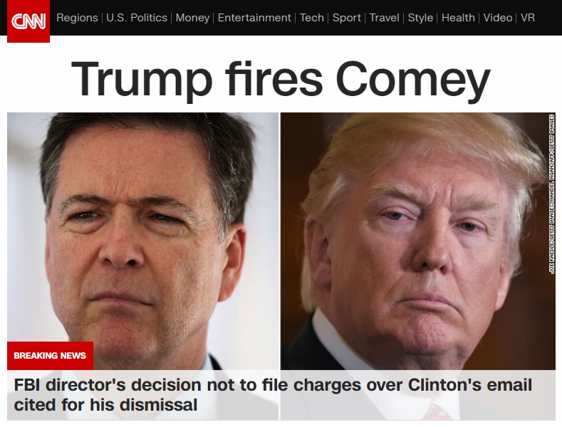 도널드 트럼프 미국 대통령의 제임스 코미 연방수사국(FBI) 국장 해임을 보도하는 CNN 뉴스 갈무리.
