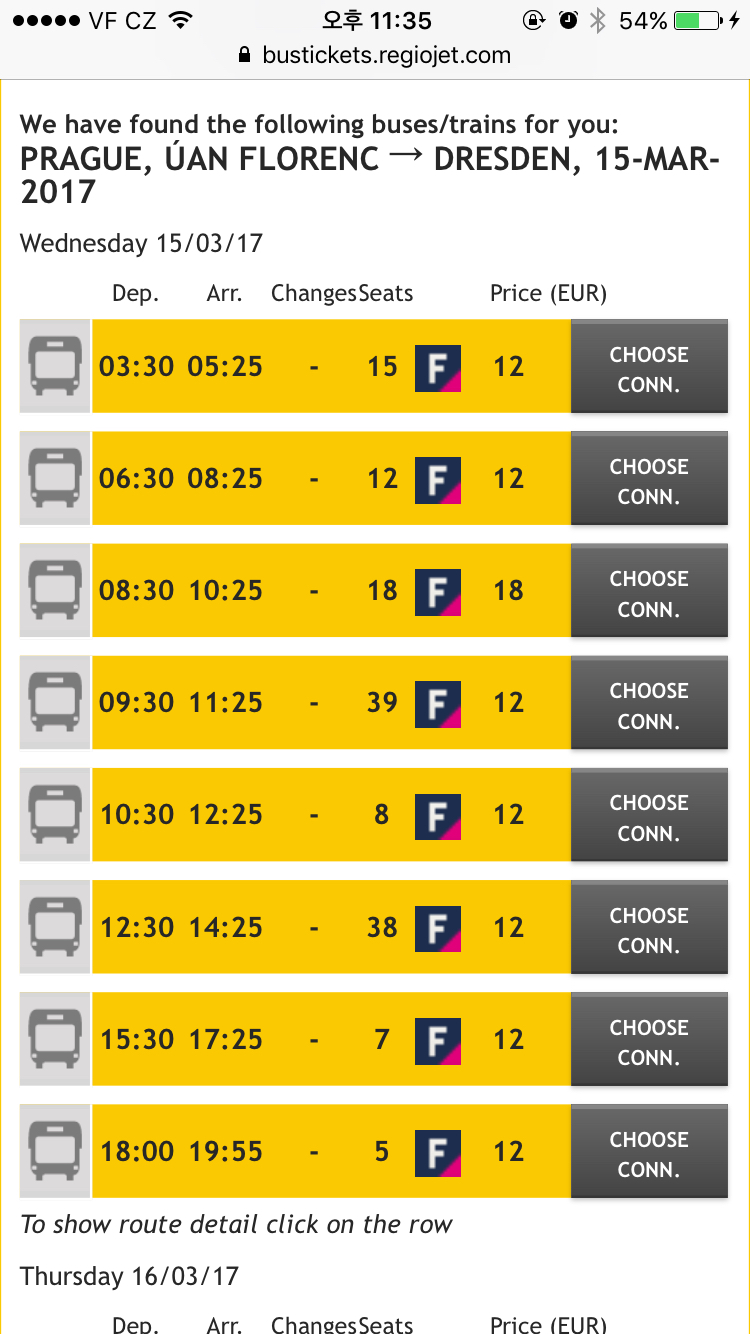 프라하-드레스덴 왕복 버스 시간표