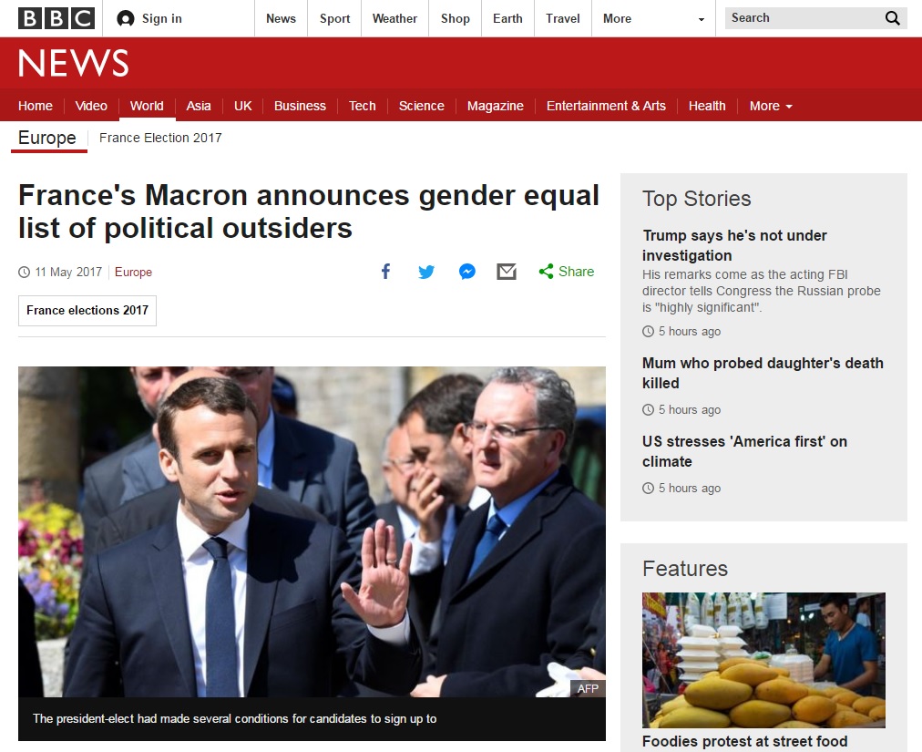 프랑스 집권당 '레퓌블리크 앙마르슈'의 파격적인 총선 공천을 보도하는 BBC뉴스 갈무리.