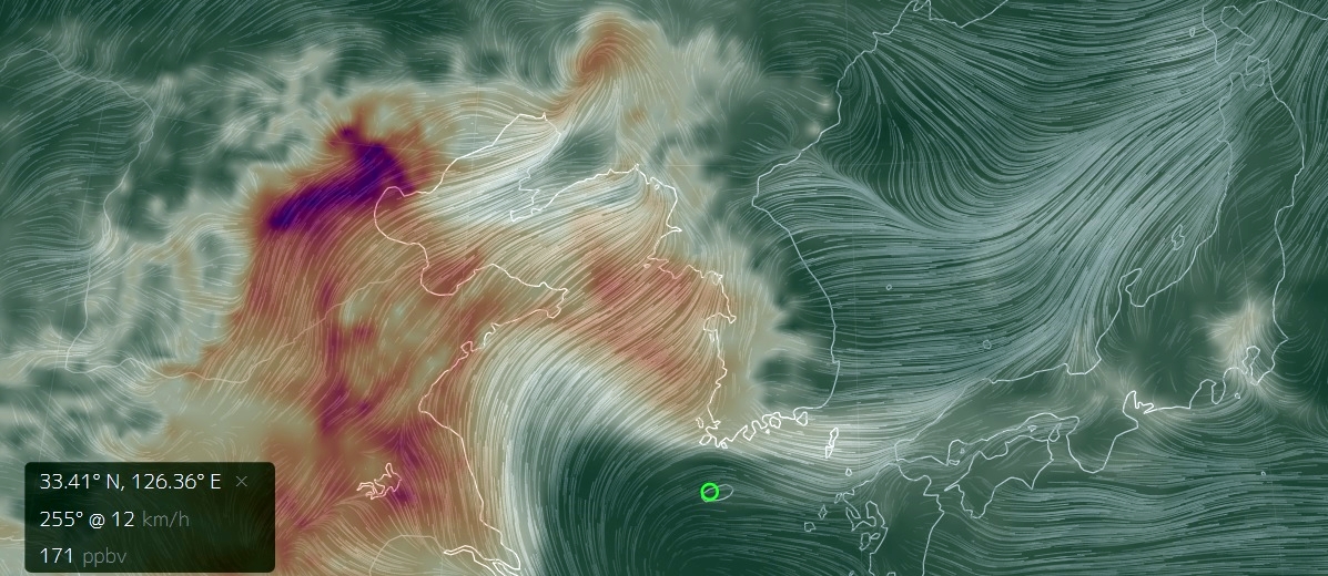  이런 거대한 오염물질이 서풍을 타고 건너오는데 제주라고 벗어날 수 있을 리 없다 (출처 : 일본 인디드도쿄)