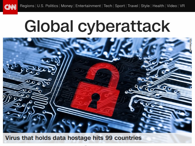 전 세계 99개국에서 발생한 사상 최대 규모의 사이버 공격을 보도하는 CNN 뉴스 갈무리.