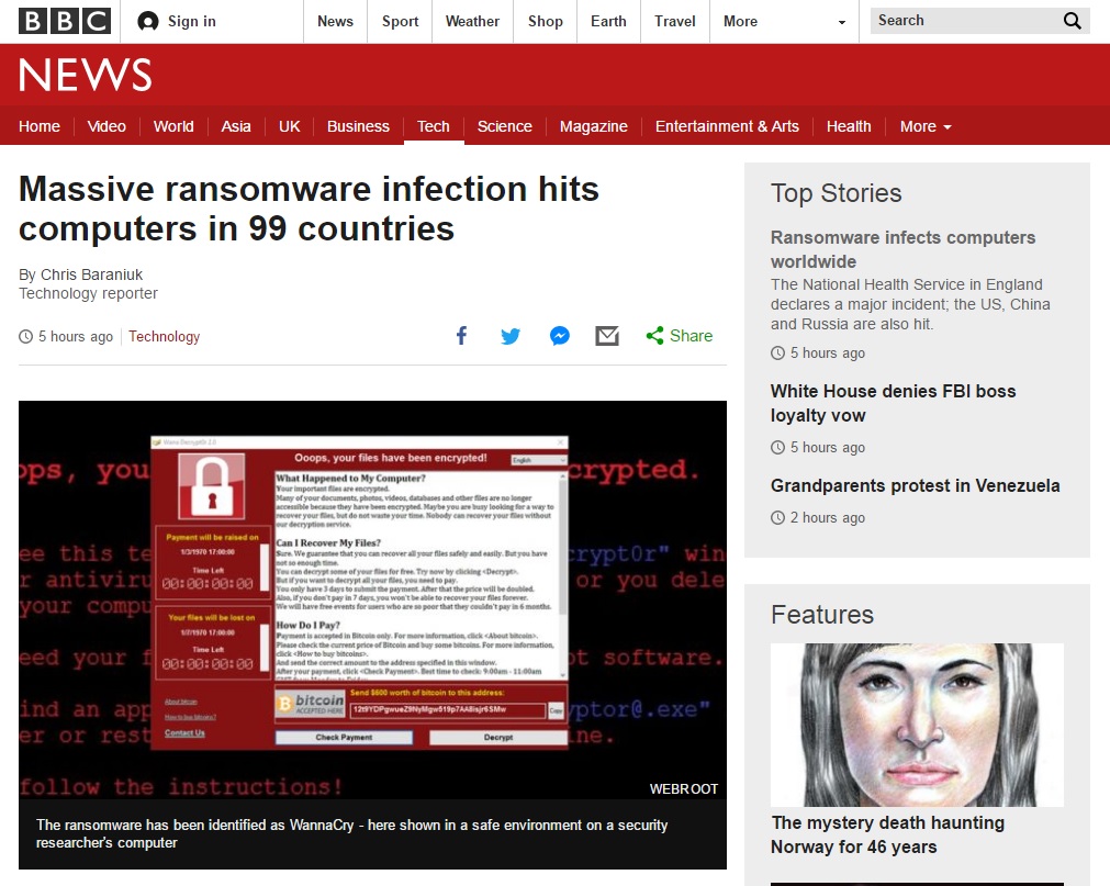 전 세계 99개국에서 발생한 사상 최대 규모의 사이버 공격을 보도하는 BBC뉴스 갈무리.