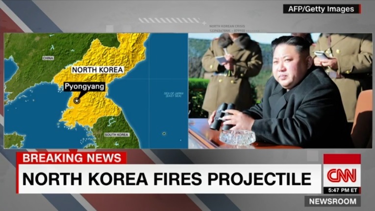 북한의 미사일 시험 발사를 보도하는 CNN 뉴스 갈무리.