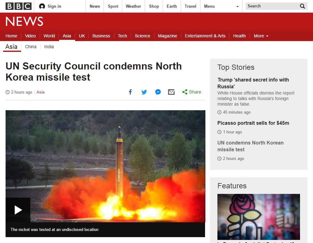 유엔 안보리의 북한 탄도미사일 발사 규탄 성명을 보도하는 BBC 뉴스 갈무리.