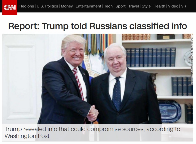 도널드 트럼프 미국 대통령의 극비 정보 유출 의혹을 보도하는 CNN 뉴스 갈무리.