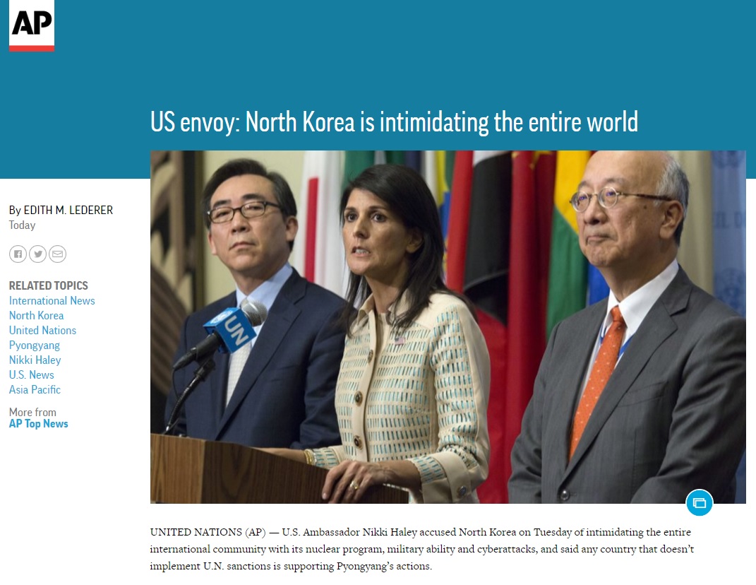 니키 헤일리 유엔 주재 미국 대사의 대북 관련 기자회견을 보도하는 AP뉴스 갈무리.