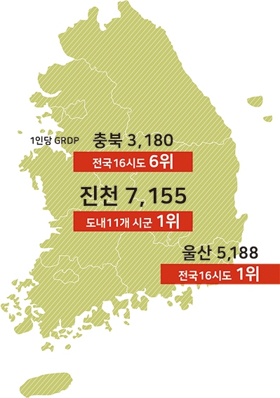  진천군은 통계청이 발표한 2014년 1인당지역총생산이 7155만원으로 충북 11개 시군중 1위를 기록하고 있다. 이 수치는 전국 최고 부자도시 울산보다도 월등히 높은 금액이다.