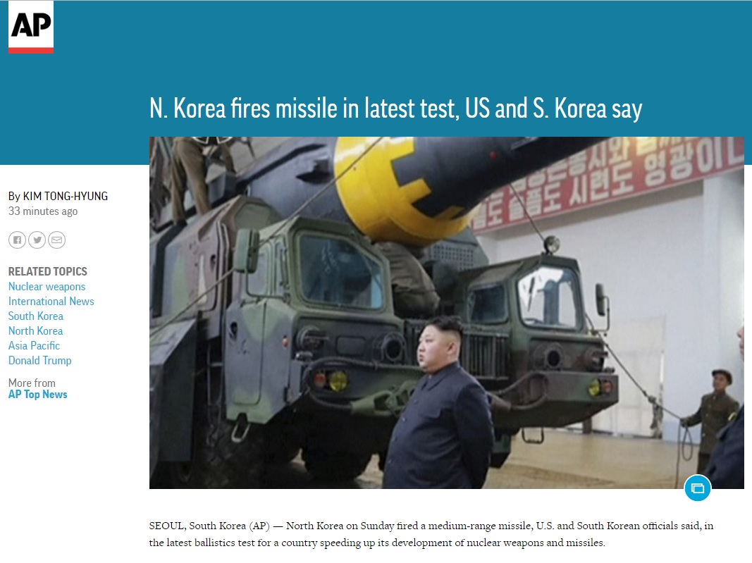 북한의 미사일 발사를 보도하는 AP 뉴스 갈무리.