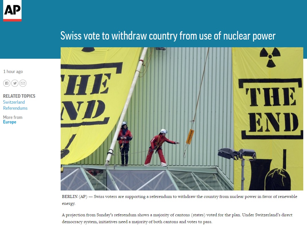 스위스의 원전 폐쇄를 결정한 국민투표 결과를 보도하는 AP 뉴스 갈무리.