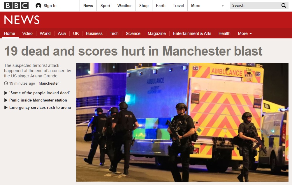 영국 맨체스터 경기장에서 발생한 폭발 사건을 보도하는 BBC 뉴스 갈무리.