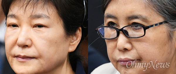박근혜 전 대통령과 최순실씨가 지난해 5월 23일 오전 서초동 서울중앙지법 417호 대법정에서 재판 시작을 기다리고 있다.