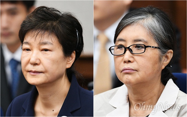 박근혜 전 대통령과 최순실씨가 지난 5월 23일 오전 서초동 서울중앙지법 417호 대법정에서 재판 시작을 기다리고 있다.