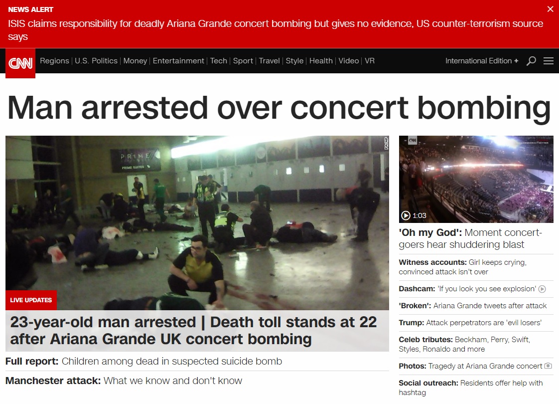 영국 맨체스터에서 발생한 폭탄 테러를 보도하는 CNN 뉴스 갈무리.