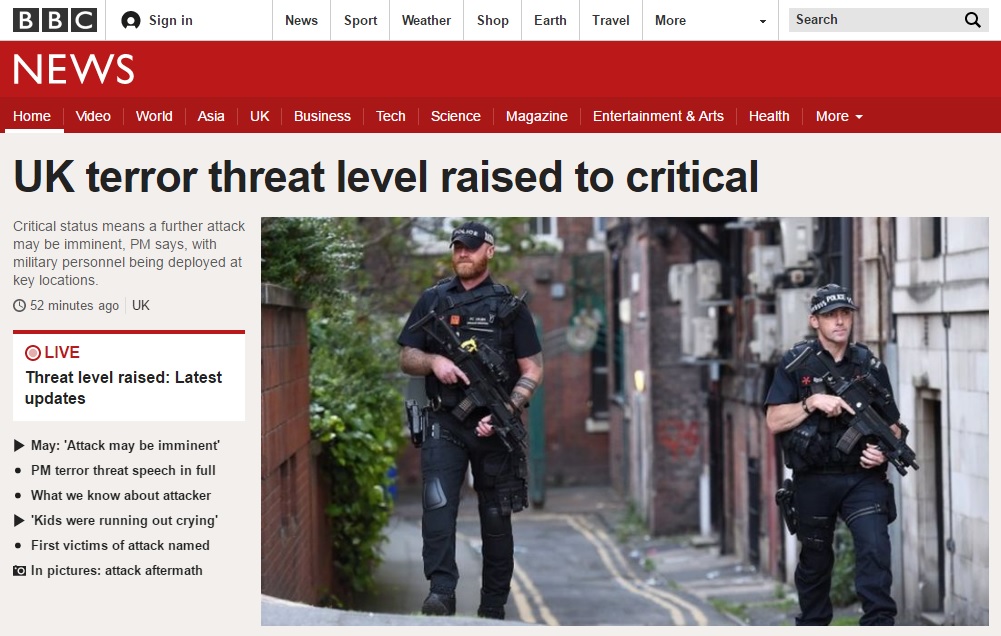 영국 맨체스터 폭탄 테러를 보도하는 BBC 뉴스 갈무리.