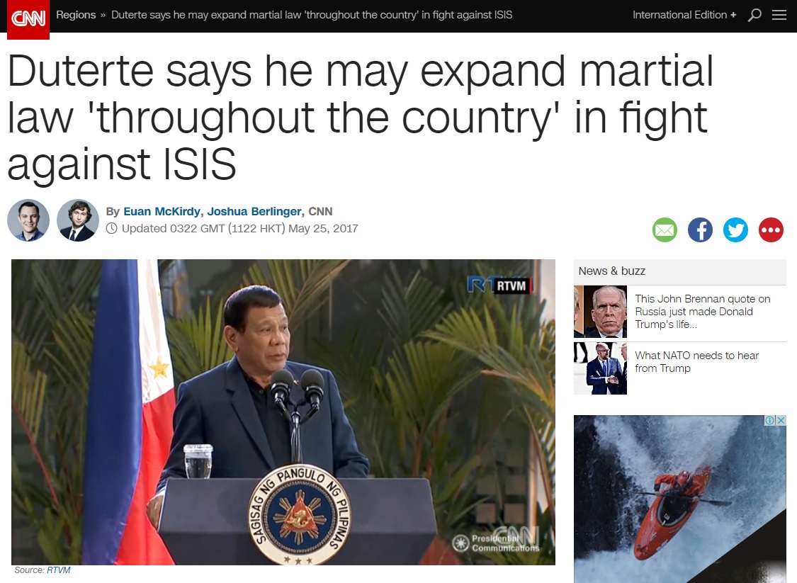 로드리고 두테르테 필리핀 대통령의 계엄령 선포를 보도하는 CNN 뉴스 갈무리.