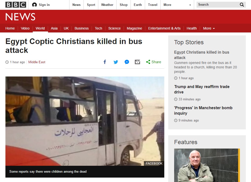 이집트 콥트 기독교도 버스를 공격한 총격 테러를 보도하는 BBC 뉴스 갈무리.