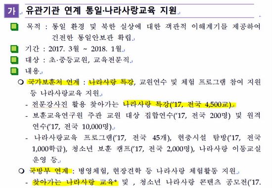 서울시교육청이 올해 이 지역 초중고에 보낸 '통일·나라사랑교육 기본계획'이라는 지침. 