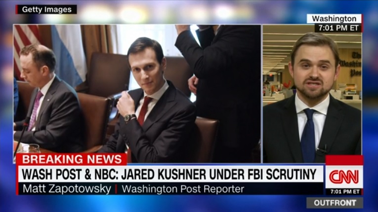 재러드 쿠슈너 백악관 선임고문의 러시아 내통 의혹을 보도하는 CNN 뉴스 갈무리.
