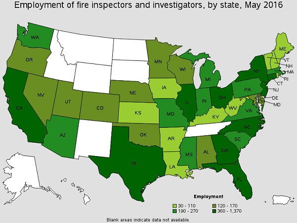 주별 화재조사관 고용분포도 (출처: 미국 노동부)
