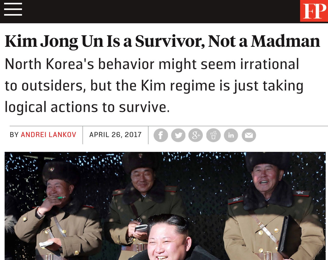 '북한의 행동은 생존을 위한 논리적인 선택.' <포린폴린시>는 북한을 '미치광이' 취급하는 것은 매우 큰 오해라는 점을 강조한다 