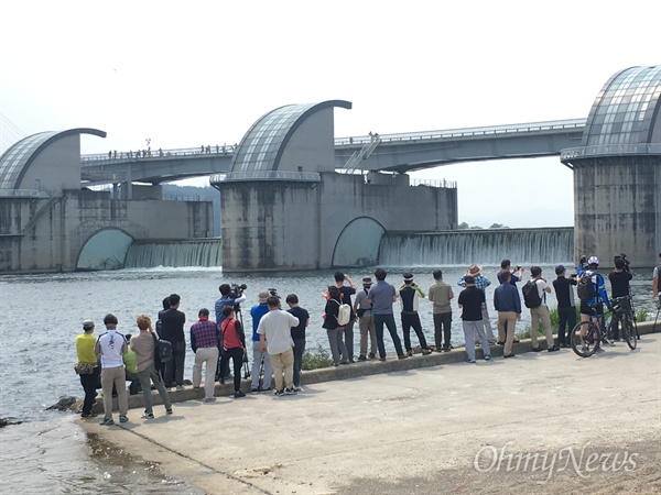 1일 낙동강 강정고령보 수문 2개가 개방된 모습. 시민들과 기자들이 현장에서 이 모습을 지켜보고 있다.
