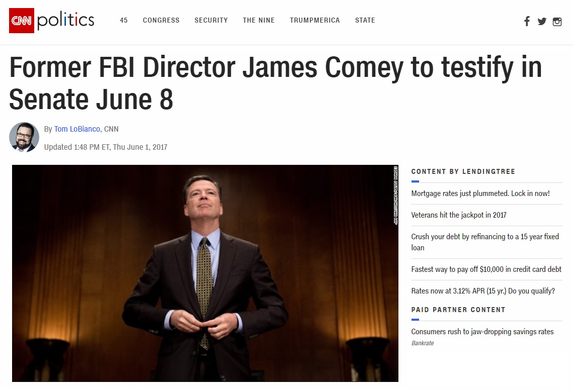  제임스 코미 전 미국 연방수사국(FBI) 국장의 상원 청문회 출석을 보도하는 CNN 뉴스 갈무리.