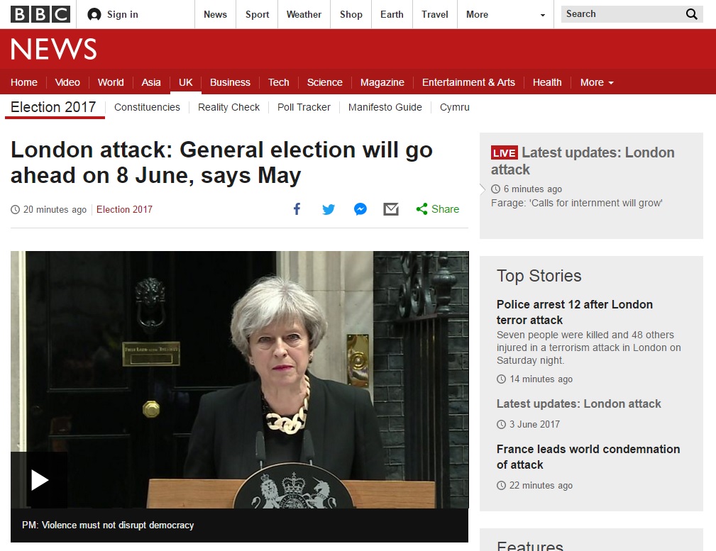테리사 메이 영국 총리의 '총선 연기론' 일축을 보도하는 BBC 뉴스 갈무리.