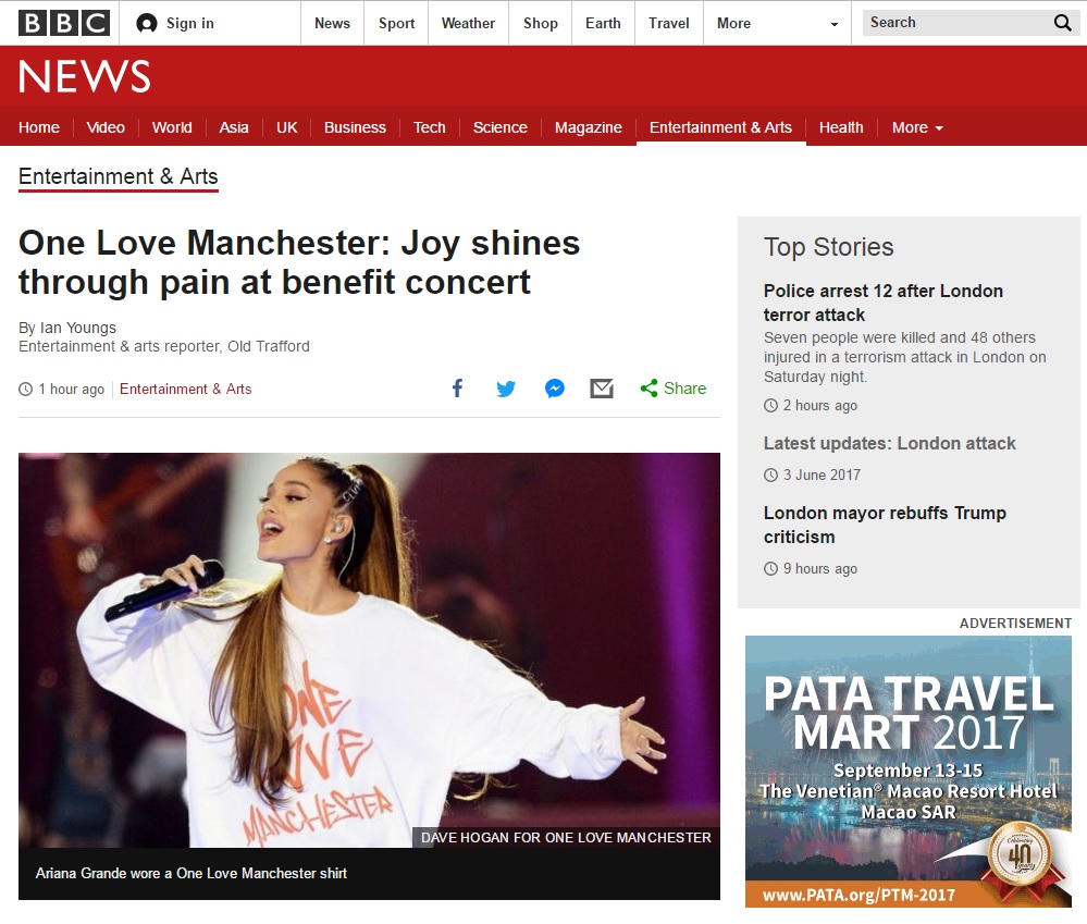  아리아나 그란데의 '원 러브 맨체스터' 공연을 보도하는 BBC 뉴스 갈무리.
