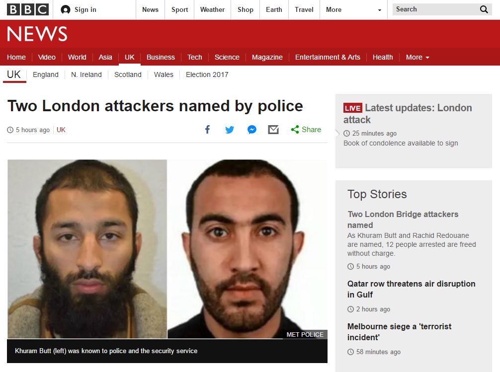 영국 경찰이 공개한 런던 테러범의 신원을 보도하는 BBC 뉴스 갈무리.