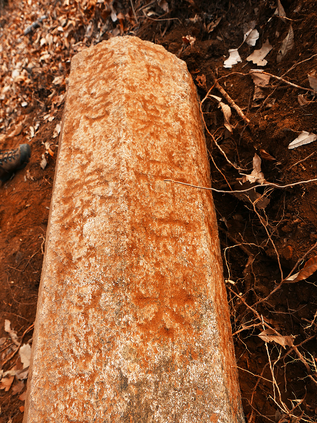 한국등산사연구회 회원들이 북한산 사기막 야영장 예정지 인근에서 발견한 '천정구'라는 글자가 새겨진 돌기둥. 천정구는 고구려시대 파주교하지역을 이르던  지명이다. 