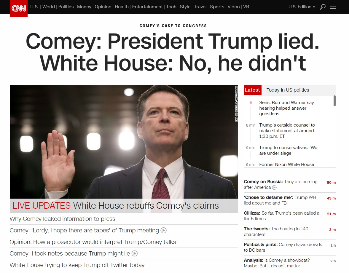  제임스 코미 전 미국 연방수사국(FBI) 국장의 의회 청문회를 보도하는 CNN 뉴스 갈무리.