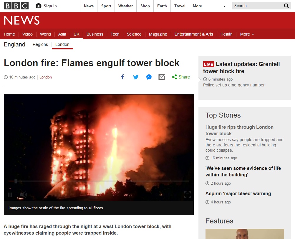 런던 고층 아파트 화재 사건을 보도하는 BBC 뉴스 갈무리.
