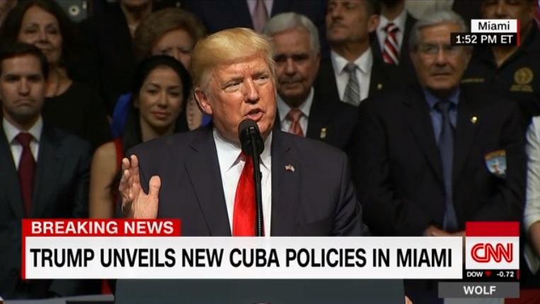 도널드 트럼프 대통령의 미국-쿠바 국교 정상화 취소 선언을 보도하는 CNN 뉴스 갈무리.