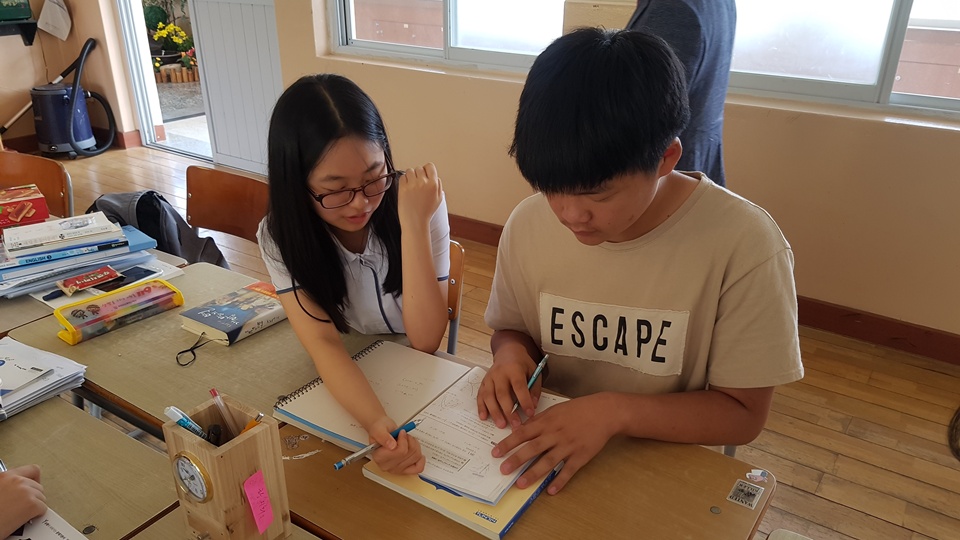 홍성여고 교육봉사 동아리 '특공대'는 17일 홍성 서부중학교를 찾아 학생들과 함께 수학문제의 풀이과정을 설명하고 있다. 이들의 수업열기가 너무 진지해 취재조차 조심스러웠다.