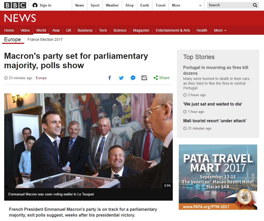 에마뉘엘 마크롱 프랑스 대통령의 총선 승리를 보도하는 BBC 뉴스 갈무리.