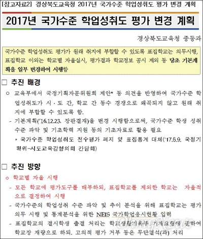 경북교육청은 오는 20일 치러지는 '전국 학업성취도 평가(일제고사)'에 표집단위 학교가 아닌 일반 학교에도 시험지를 배부하겠다고 밝혀 논란이 되고 있다. 