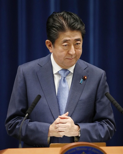 지난 19일 일본 총리 관저에서 아베 신조 일본 총리가 발언하고 있다.