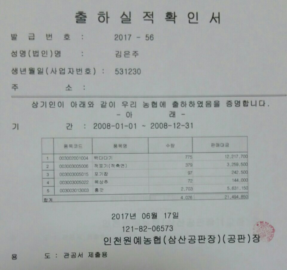  수용전해인 2008년 출하실적 확인서 