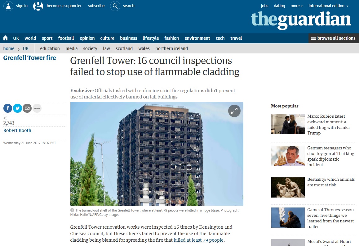 영국 런던 그렌펠 타워 화재 사건의 부실한 안전 관리를 보도하는 <가디언> 갈무리.