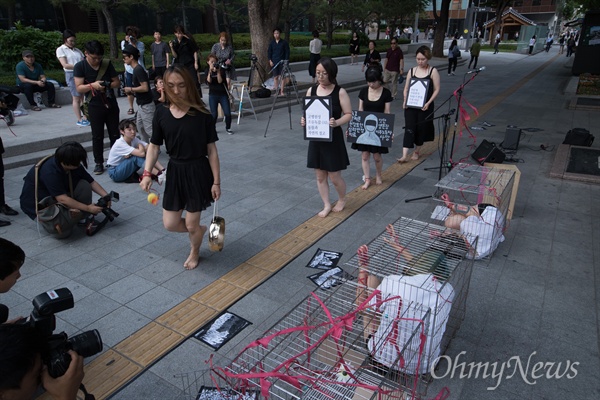 동물보호단체 활동가들이 23일 오후 서울 광화문역 일대에서 동물살처분 등을 반대하며 동물권리 보호를 위한 퍼포먼스를 펼치고 있다.