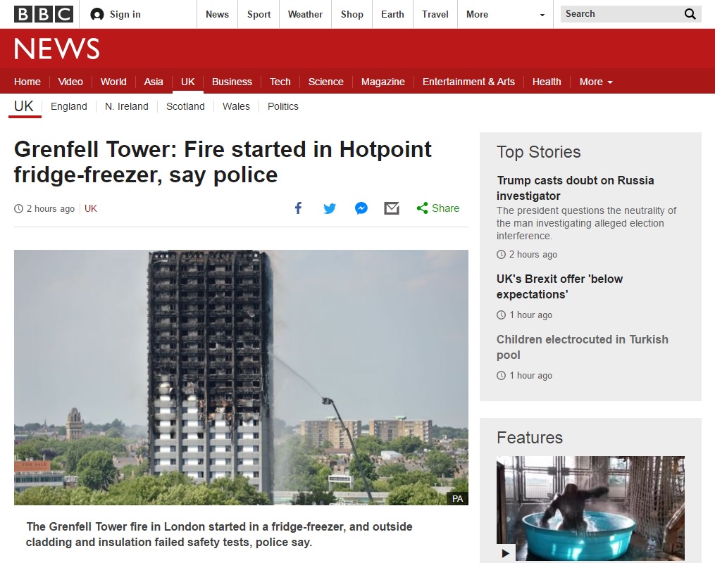 영국 런던 고층아파트 화재 원인을 보도하는 BBC 뉴스 갈무리.