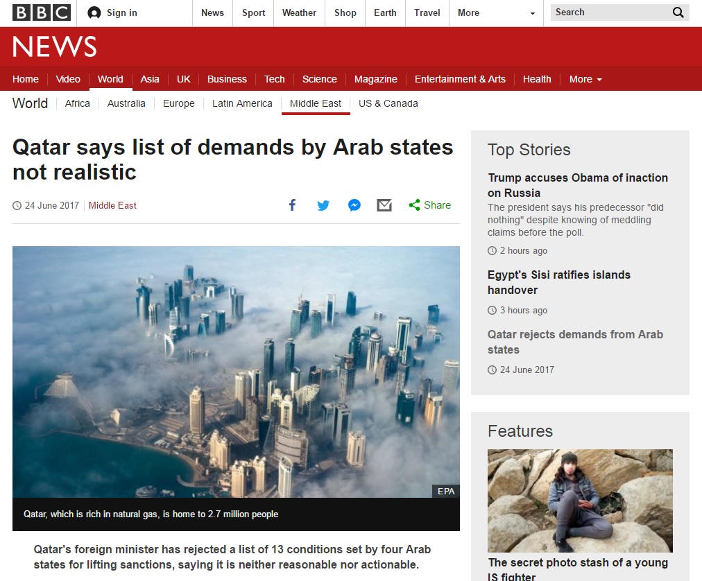 카타르의 국교 복권 조건 거부를 보도하는 BBC 뉴스 갈무리.