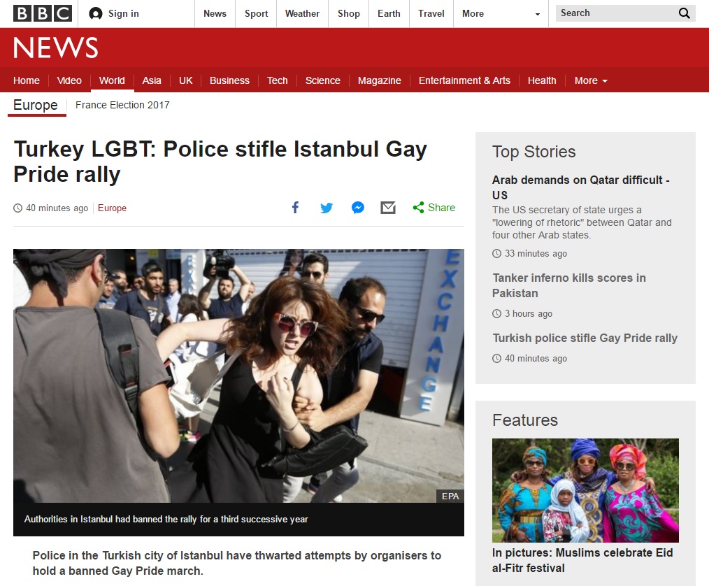 터키 경찰의 성 소수자 행진 강제 해산을 보도하는 BBC 뉴스 갈무리.