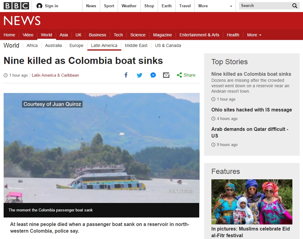콜롬비아 유람선 침몰 사고를 보도하는 BBC 뉴스 갈무리.