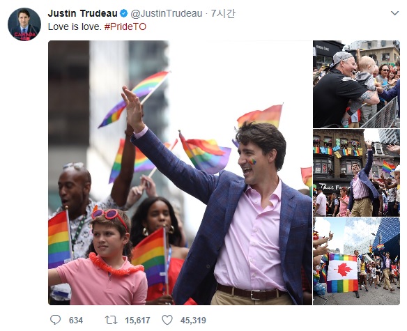 성 소수자 행진에 참여한 사진을 올린 저스틴 트뤼도 캐나다 총리의 소셜미디어 갈무리.