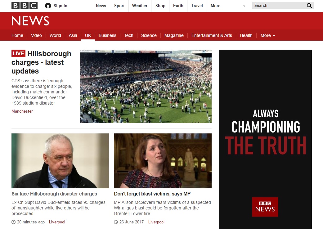 영국 검찰의 '힐즈버러 참사' 관련 책임자 기소 결정을 보도하는 BBC 뉴스 갈무리.